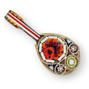 Mosaic Mandolin Guitar Brooch Colorful Floral Flower Gold Plated Vintage 1.75"